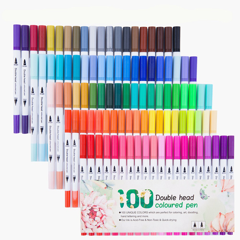 100 Dual Tip Markers for Coloring - Journaling and Drawing Supplies Double Sided Fine Point Brush Colored Marker Set Sketching Calligraphy, Water Based